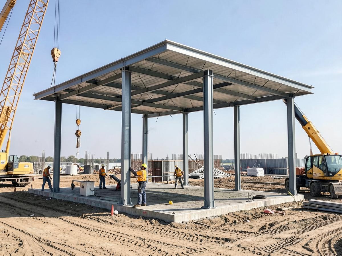 Steel fuel canopy structure being erected by crane