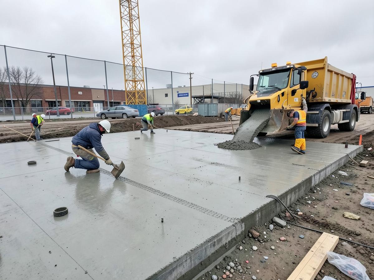 Crews screeding a fresh concrete slab pour on a commercial site